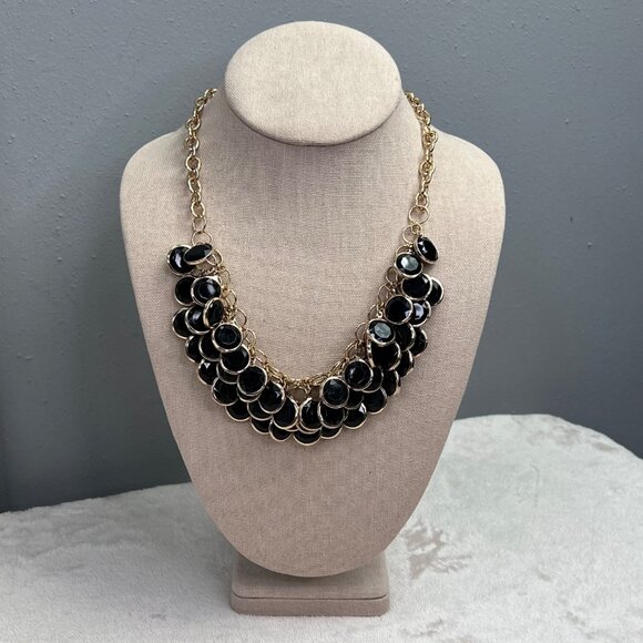 Chunky Beaded Layered Bib Necklace Black Gold Tone Round - Picture 2 of 5